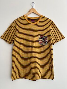 SIMONS Cotton Liberty Fabric Striped T-Shirt Short Sleeve Floral Pocket Casual